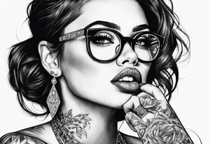 Woman with glasses biting diamonds tattoo idea