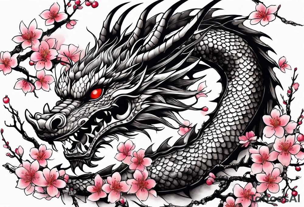 dragon with  cherry blossoms  and soot sprites tattoo idea