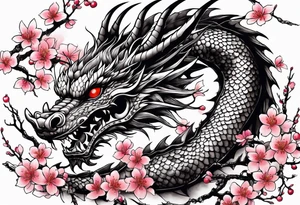 dragon with  cherry blossoms  and soot sprites tattoo idea