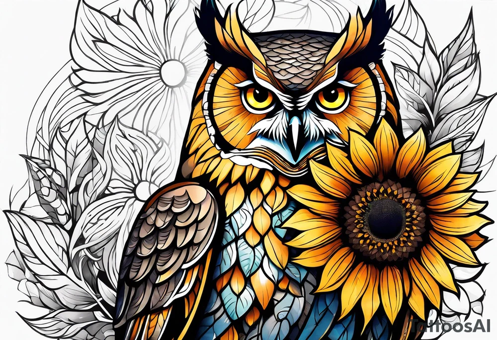 Owl and sunflower sleeve tattoo idea