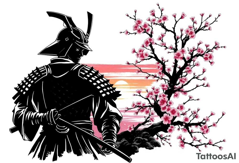 noble samurai warrior silhouette at sunset with cherry blossoms tattoo idea