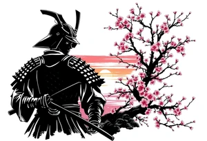 noble samurai warrior silhouette at sunset with cherry blossoms tattoo idea