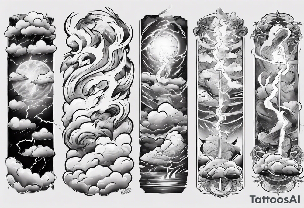 forearm sleeve lightning and clouds pattern tattoo idea