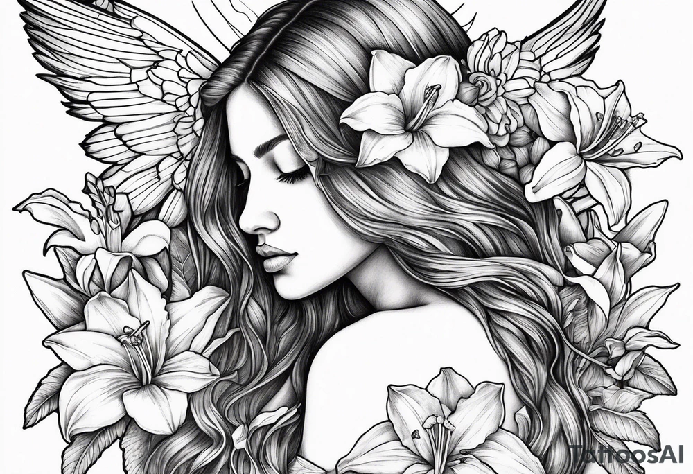 sad angel with head down and face covered by her hair with sagging broken wings surrounded by lily, daffodil, rose, daisy, narcissus holding a hummingbird tattoo idea