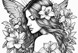 sad angel with head down and face covered by her hair with sagging broken wings surrounded by lily, daffodil, rose, daisy, narcissus holding a hummingbird tattoo idea