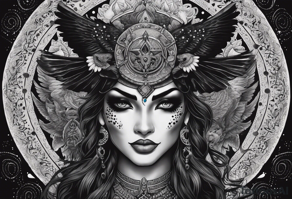 black kali, goddess pirate, alien, angel, pachamama, valkrye, warrior, flying, skull, lotus azul, wing, eagle, zenza resonance, stars, 5D, anahata chakra, death, durga, riding on a tiger, flying lady, kundalini, chest tatoo, samuri, rebel,serpent tattoo idea