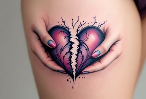 A heart being torn apart by two hands, colored in deep purples and blues, symbolizing heartbreak and struggle. tattoo idea