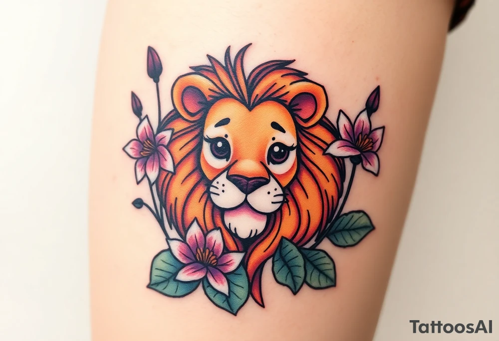 Lion with larkspur and water lilies tattoo idea