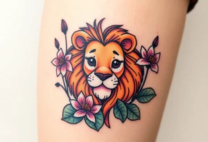 Lion with larkspur and water lilies tattoo idea