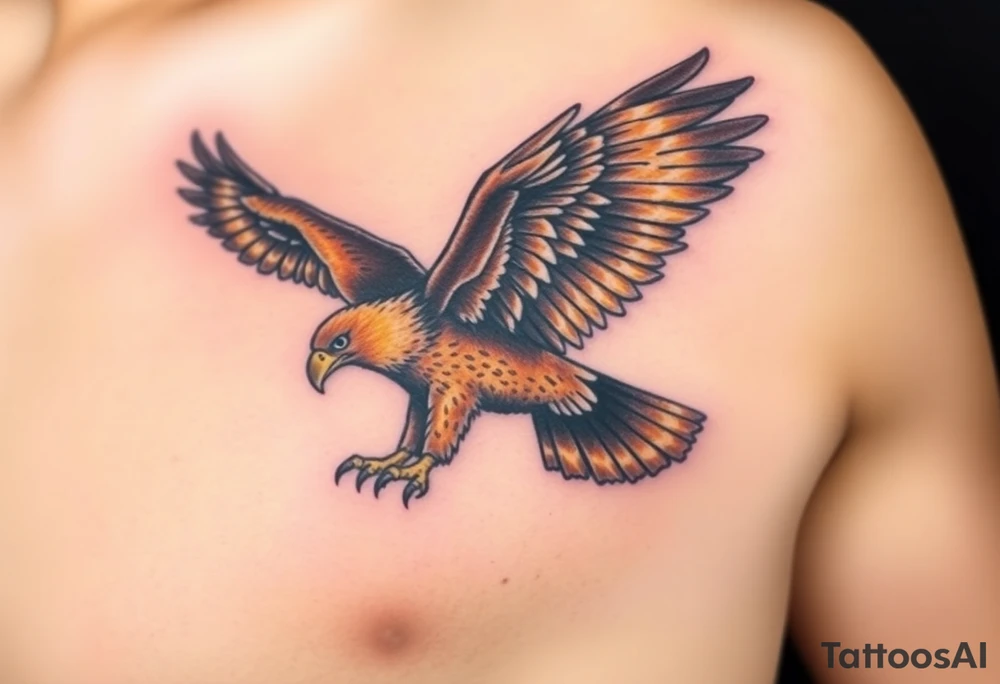 A soaring eagle with fully extended wings, painted in shades of deep brown and gold, its talons reaching forward in mid-flight. tattoo idea