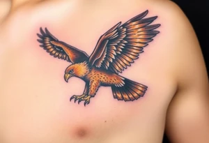 A soaring eagle with fully extended wings, painted in shades of deep brown and gold, its talons reaching forward in mid-flight. tattoo idea