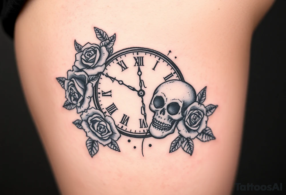Broken Clock face 11:43 as set time. With roses and skull looking to the clock feminine tattoo idea