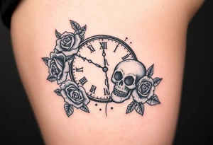 Broken Clock face 11:43 as set time. With roses and skull looking to the clock feminine tattoo idea