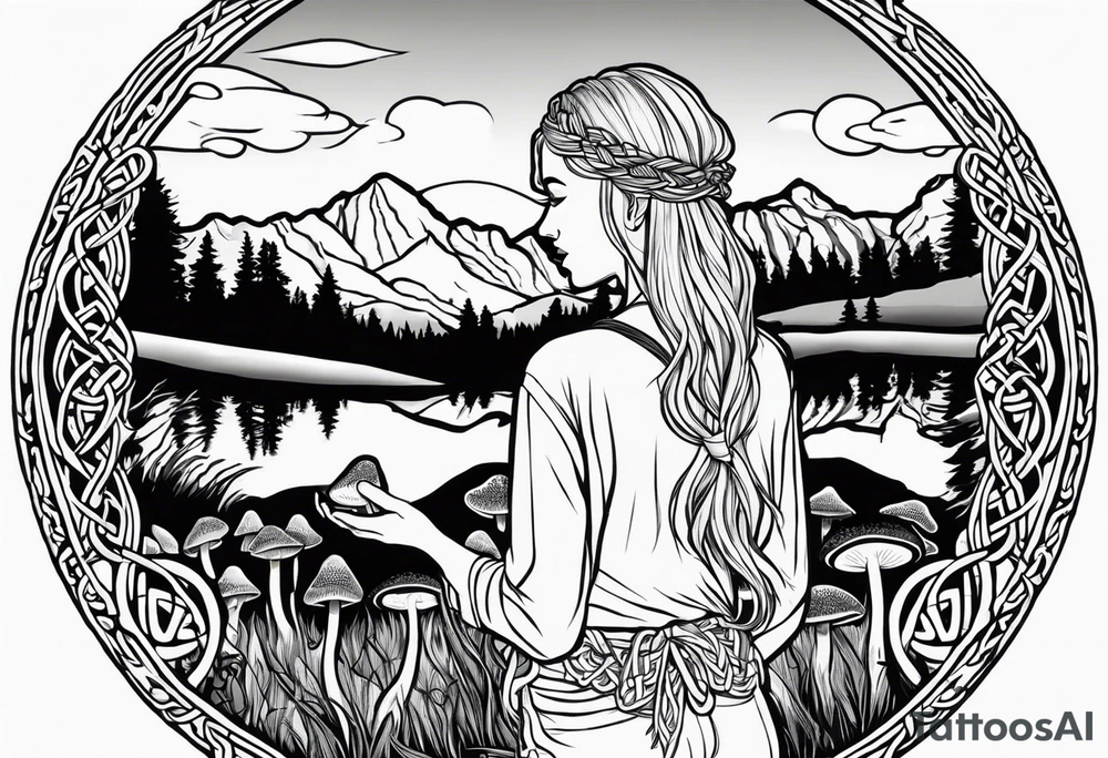 Whole picture encircled fully

Straight long blonde hair hippie girl in distance holding mushrooms in hand facing away toward mountains and creek surrounded by mushrooms long sleeve shirt and hiking pants; whole rendering within a full celtic circle border, no cut off circle tattoo idea