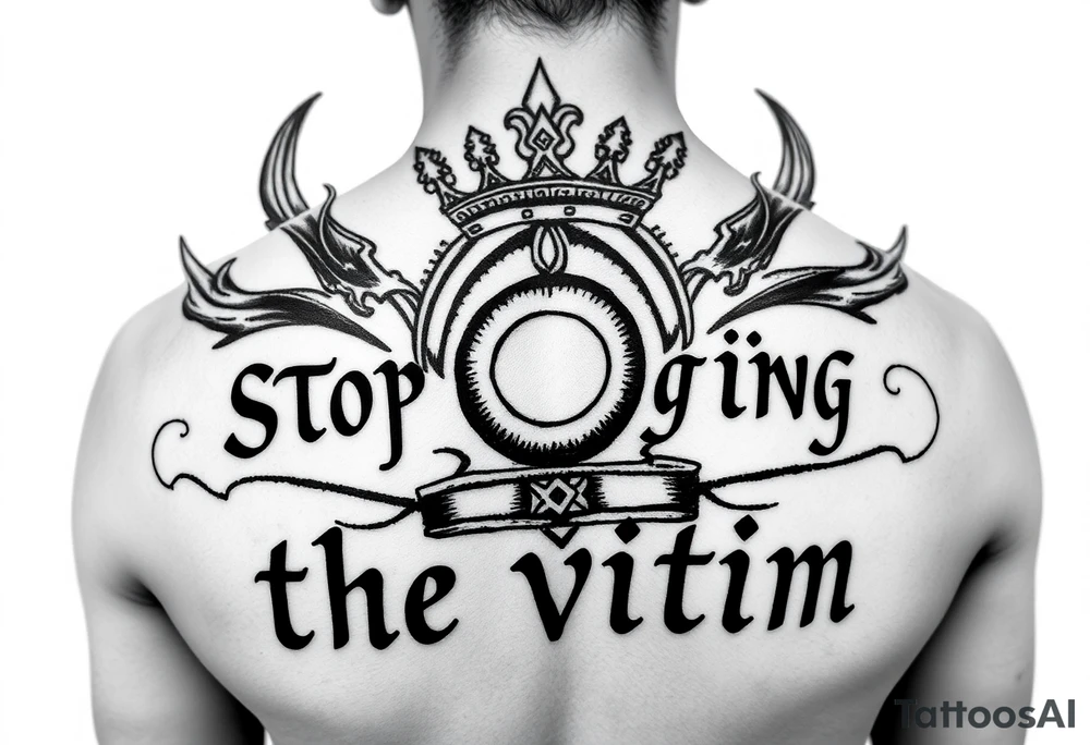 Writer the phrase :"Stop Playing the victim".
Karma style in background.
The words in greek style with some background feature too.
Infinte sign in the middle and allaround roman crown tattoo idea