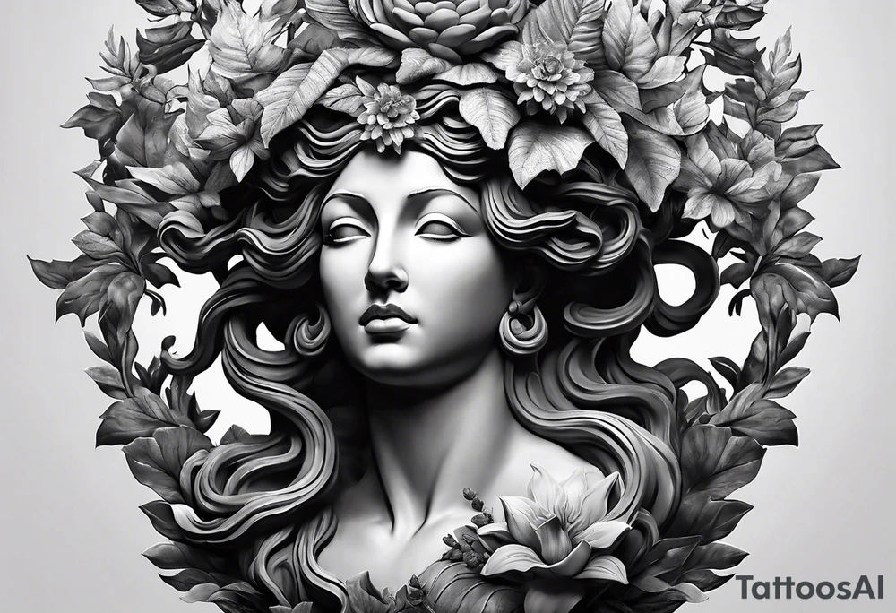 medusa sculpture bust with plants and cracks in sculpture. minimal artistic edgy tattoo idea