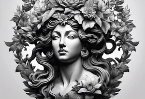 medusa sculpture bust with plants and cracks in sculpture. minimal artistic edgy tattoo idea