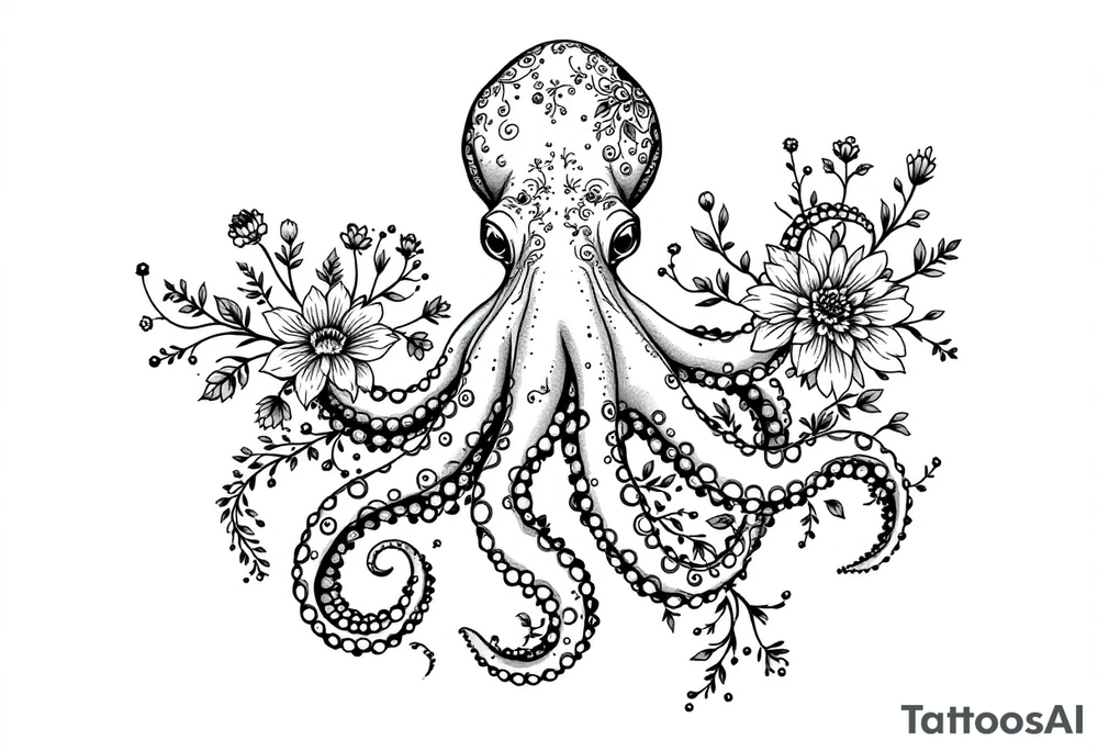 realistic octopus, detailed linework, intricate, black-and-grey shading, surrounded by floral ornaments, intertwining and merging with flowers, thin black swirling lines, semi-transparent brown leaves, dotwork, ornamental flourishes, radiating design, fine-line style, minimalistic, organic flow, feminine, artistic, slightly surreal, seamless composition, marine botanical fusion, lifelike texture, graceful rhythm, smooth shading, soft leaves wrapping, blooming shoulder flower, outward radiating pattern, vine tentacle flow, integrated sea creature, botanical octopus curved body placement, natural organic movement tattoo idea