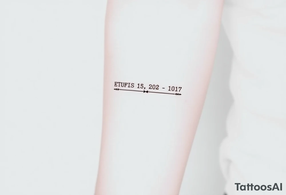 “Quero uma tatuagem no antebraço, simples e pequena. Deve ter a data de nascimento do meu avô escrita em vermelho, seguida de um traço reto e, à frente, o símbolo de infinito em preto. O design deve ser minimalista, com letras elegantes e proporcionais, mantendo um aspeto discreto.” tattoo idea
