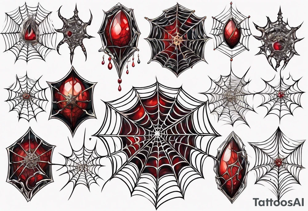 Tangled spiderweb in the shape of a jewel with blood drops and dragon spikes tattoo idea