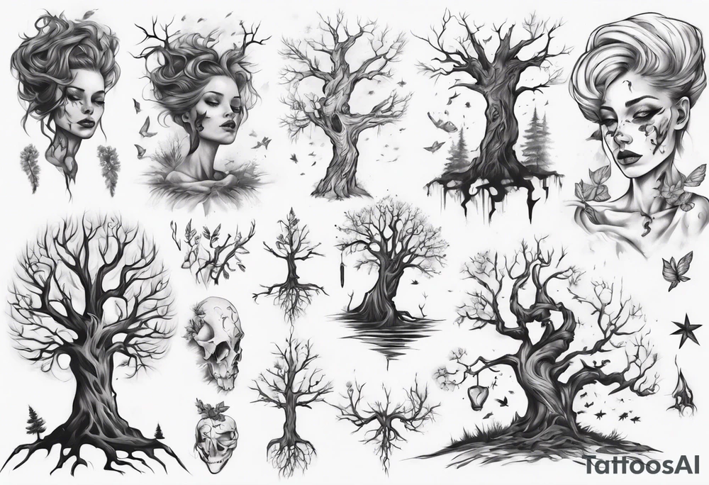 Dying tree girl tattoo idea