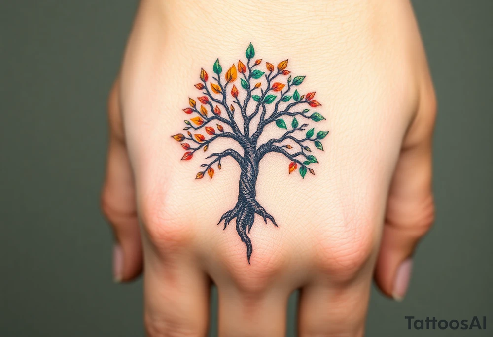 Vibrant tree of life Jamaican and Irish colours tattoo idea