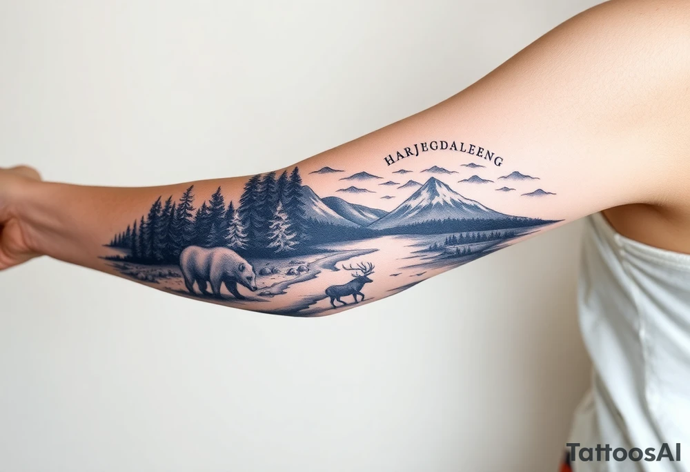 A full-sleeve with the Härjedalen landscape, reindeer, bear, lakes, mountains (Helags), tattoo idea