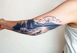A full-sleeve with the Härjedalen landscape, reindeer, bear, lakes, mountains (Helags), tattoo idea