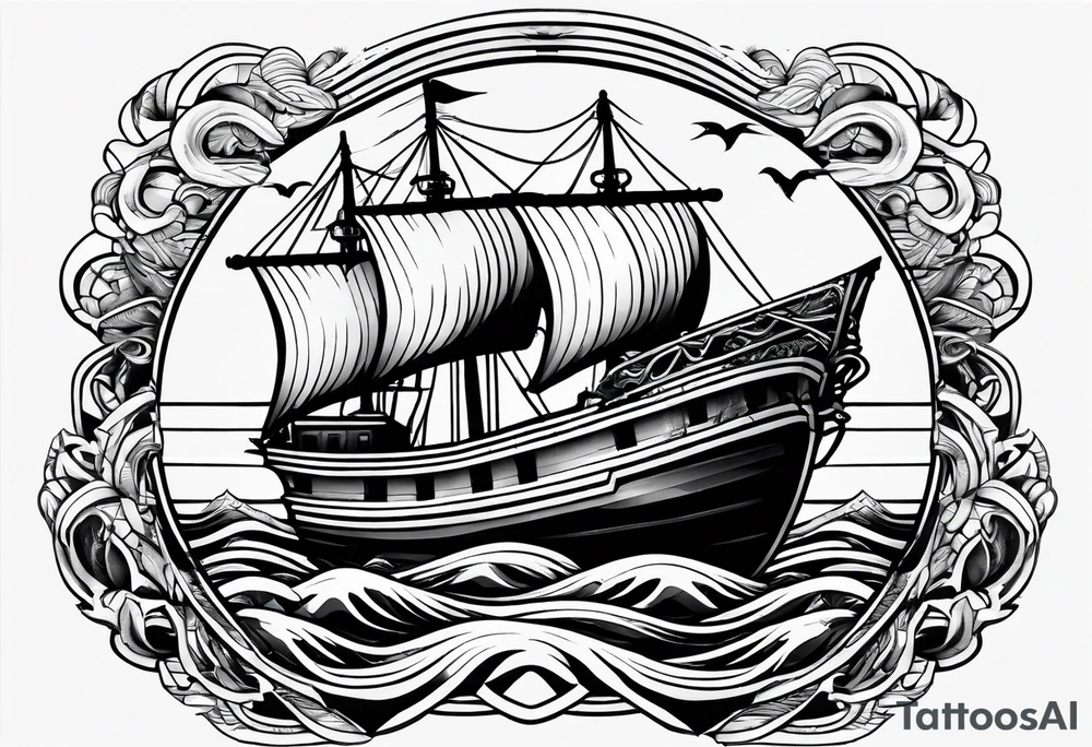 a ship anchor with an S through the anchor and angle wings on the left and right side. ocean waves in the background tattoo idea