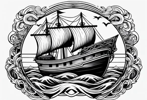a ship anchor with an S through the anchor and angle wings on the left and right side. ocean waves in the background tattoo idea