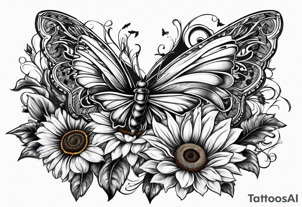 Winged cross with sunflower and butterflies tattoo idea