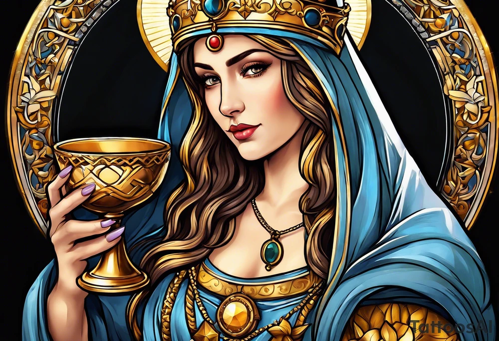 woman saint holding chalice surrounded by golden halo tattoo idea