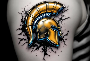 A half-football, half-hockey ball fused behind a gleaming golden Sparta "S" logo with blue accents. tattoo idea