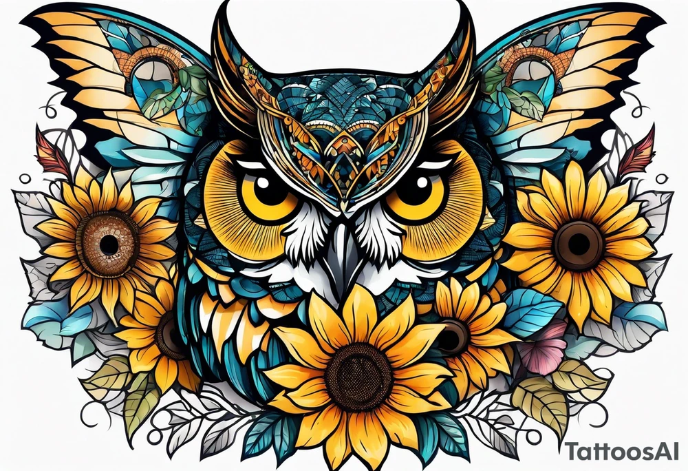 Owl, butterfly and sunflower are sleeve tattoo idea