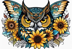Owl, butterfly and sunflower are sleeve tattoo idea
