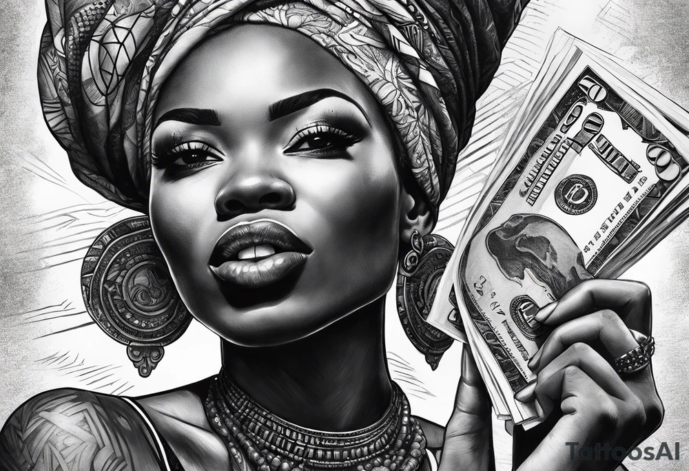 african woman biting money tattoo idea