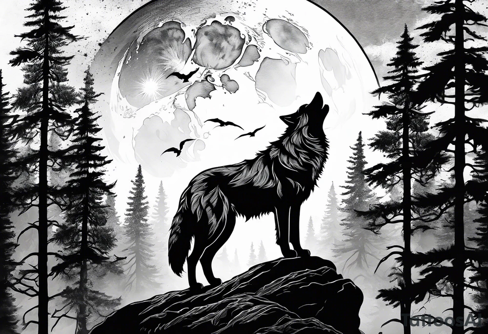 A wolf howling at the full monn on top of a rock surrounded by trees tattoo idea