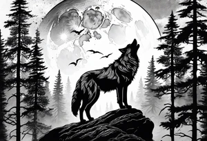 A wolf howling at the full monn on top of a rock surrounded by trees tattoo idea