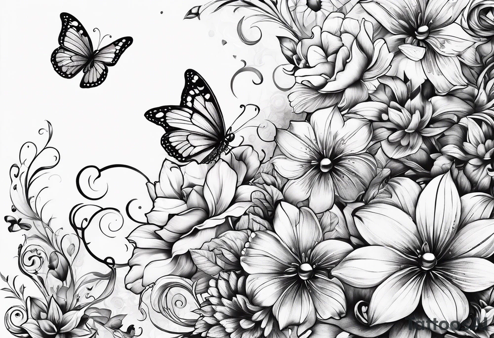 Flowers with "Ruby" in calligraphy font and butterflies around it tattoo idea