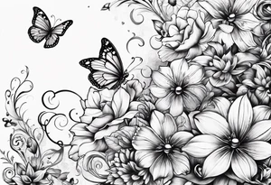 Flowers with "Ruby" in calligraphy font and butterflies around it tattoo idea