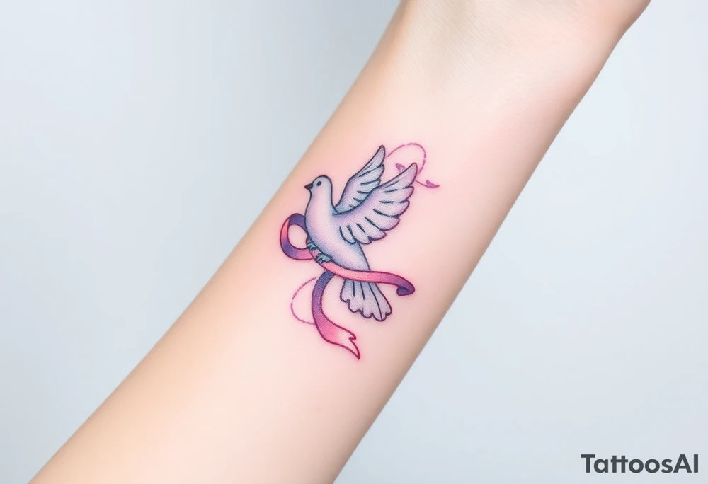 A ring dove with a flowing ribbon wrapped around its neck, in light pastel colors like lavender and pale pink, symbolizing connection and fidelity tattoo idea