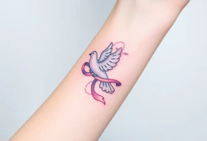A ring dove with a flowing ribbon wrapped around its neck, in light pastel colors like lavender and pale pink, symbolizing connection and fidelity tattoo idea