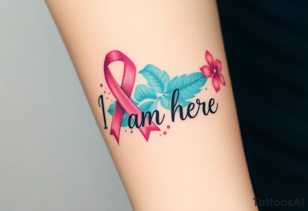 ‘I am here’ with breast cancer pink ribbon as I with Hawaiian theme tattoo idea