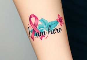 ‘I am here’ with breast cancer pink ribbon as I with Hawaiian theme tattoo idea
