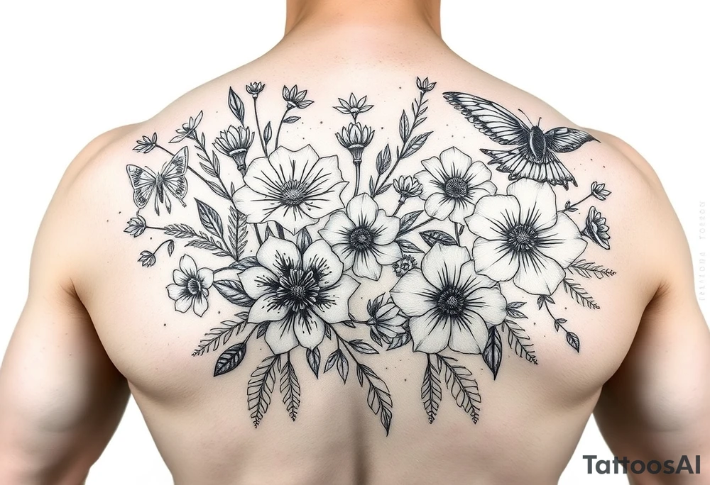 Beautiful wild flowers including wild animals and creatures for a leg sleeve tattoo idea