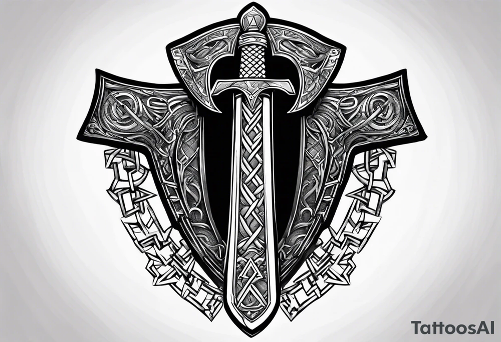 Valhalla sword shield axe Valknut chains tattoo idea