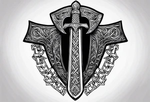 Valhalla sword shield axe Valknut chains tattoo idea