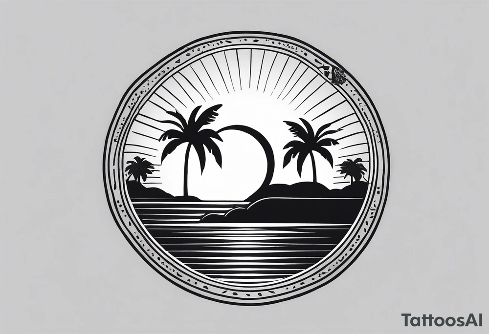 a minimalist tattoo of a sun and a palm tree with the words good vibes below it, make it only small and can fit in a circle. keep the sun and palm tree minimal as well and make it look like silhouettes use only lines tattoo idea