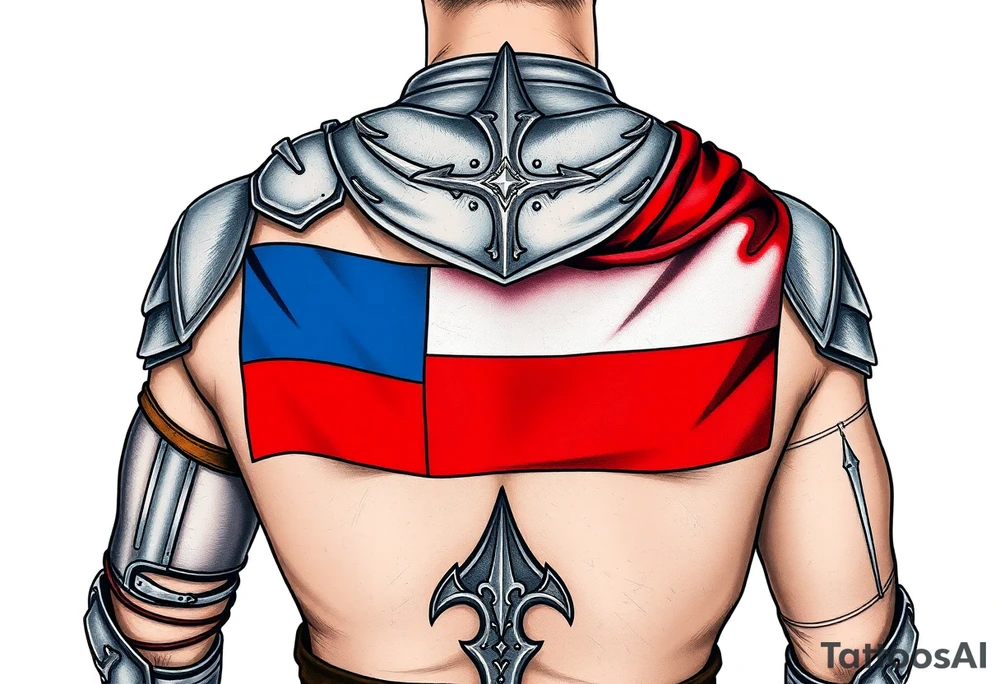 A knight in medieval armor holding a Czech flag (blue, white, red), inspired by Hussite warriors, with battle-worn silver and red tones. tattoo idea