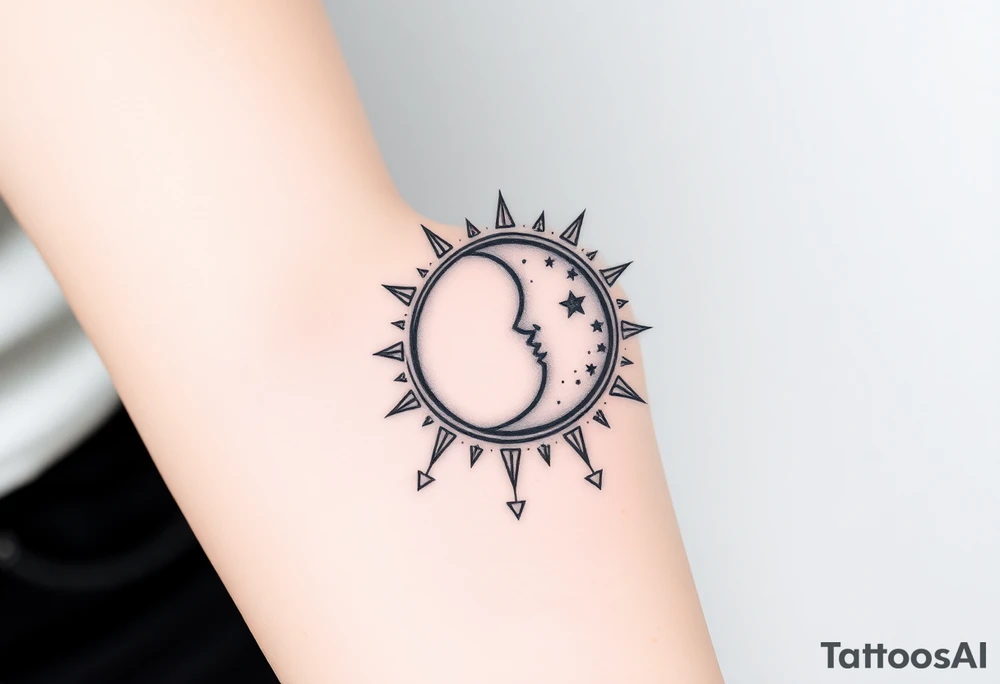 celestial sun and moon embrace with constellation patterns tattoo idea